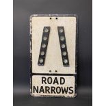 An aluminium road sign for Road Narrows with integral glass reflective discs, 12 x 21".