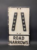 An aluminium road sign for Road Narrows with integral glass reflective discs, 12 x 21