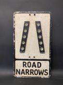 An aluminium road sign for Road Narrows with integral glass reflective discs, 12 x 21".