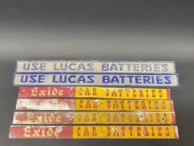 Two Lucas Batteries embossed shelf strips plus four Exide Batteries shelf strips.