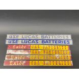 Two Lucas Batteries embossed shelf strips plus four Exide Batteries shelf strips.