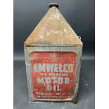 An Emwelco Motor Oil five gallon pyramid can.