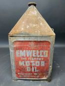 An Emwelco Motor Oil five gallon pyramid can.