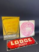 A Lodge Plugs tin advertising sign, 24 x 9", a Pink Paraffin tin advertising sign, lacking hanging