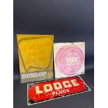 A Lodge Plugs tin advertising sign, 24 x 9", a Pink Paraffin tin advertising sign, lacking hanging