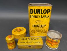 A Dunlop French Chalk tin, a Dunlop Insulating tape tin, an early Dunlop pressure gauge tin and