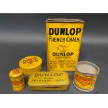 A Dunlop French Chalk tin, a Dunlop Insulating tape tin, an early Dunlop pressure gauge tin and