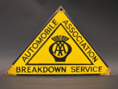 An AA Breakdown Service triangular enamel sign in good condition, 12 x 7 1/2".
