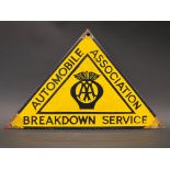 An AA Breakdown Service triangular enamel sign in good condition, 12 x 7 1/2".