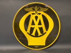 An AA circular double sided enamel sign by Franco, 18" diameter.