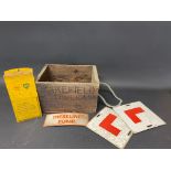 A Wakefield Castrolease wooden packing box, a Shell BP tin wall mounted rack, two metal 'L' plates