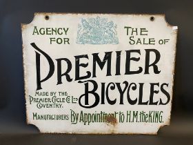 An early Premier Bicycles agency double sided enamel sign with Royal coat of arms to both sides,