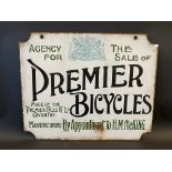 An early Premier Bicycles agency double sided enamel sign with Royal coat of arms to both sides,