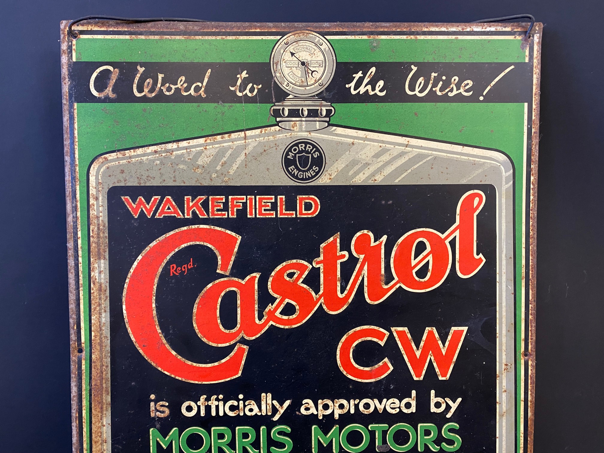 An early Wakefield Castrol 'Officially Approved by Morris Motors' tin advertising sign in very - Image 2 of 4