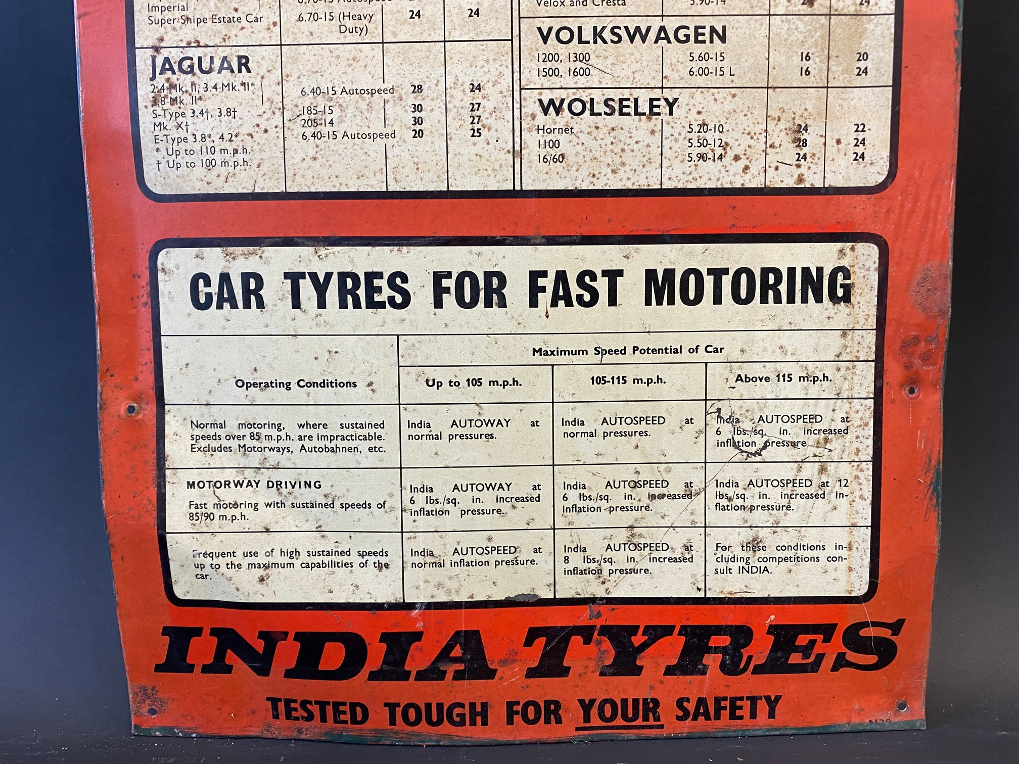 An India Tyres narrow tin advertising chart sign detailing different pressures for various marques - Image 3 of 4