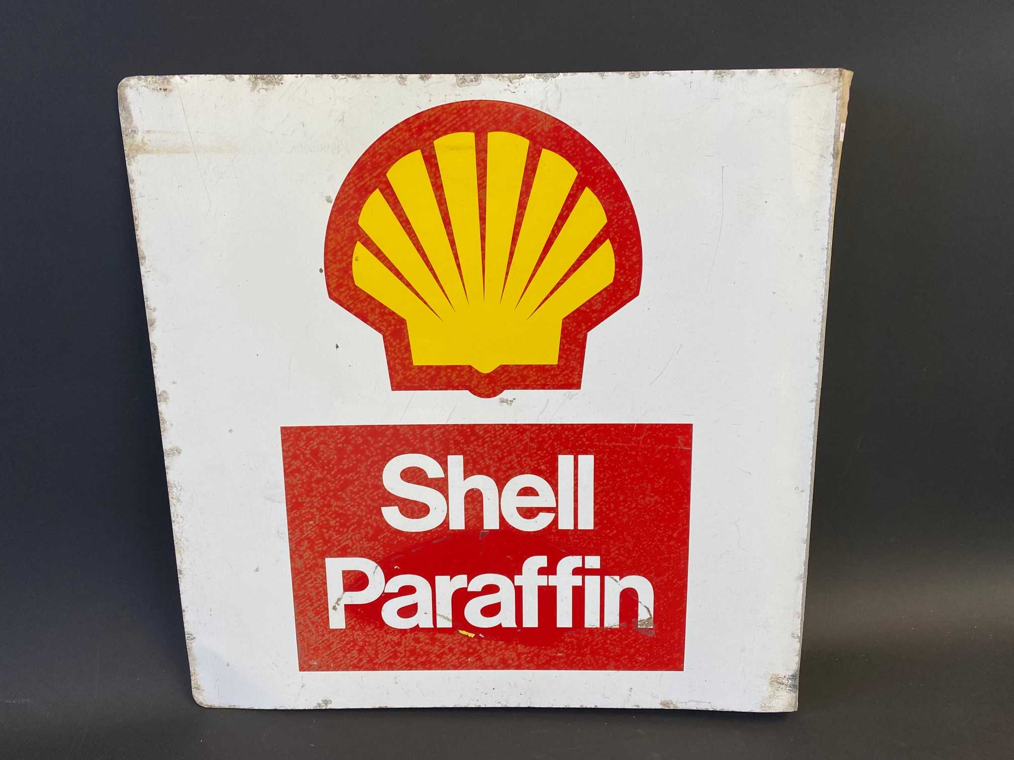 A Shell Paraffin double sided tin advertising sign with hanging flange, 16 x 16". - Image 2 of 3