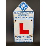 An RAC Registered Instructor L plate enamel sign with 'Safety First School of Motoring, 1