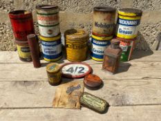 A quantity of grease tins including Mobilgrease No.5, also a Monopole French grease tin etc.