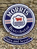 A Morris Distributor circular double sided enamel sign with 'Sales and Service' double sided