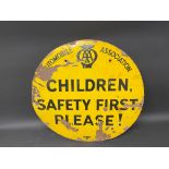 An AA 'Children, Safety First Please!' circular enamel warning sign by Franco, 36" diameter.