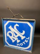 An RAC Hotel lozenge shaped double sided hanging lightbox, 29 x 29" (excluding hanging hooks).