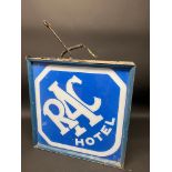 An RAC Hotel lozenge shaped double sided hanging lightbox, 29 x 29" (excluding hanging hooks).