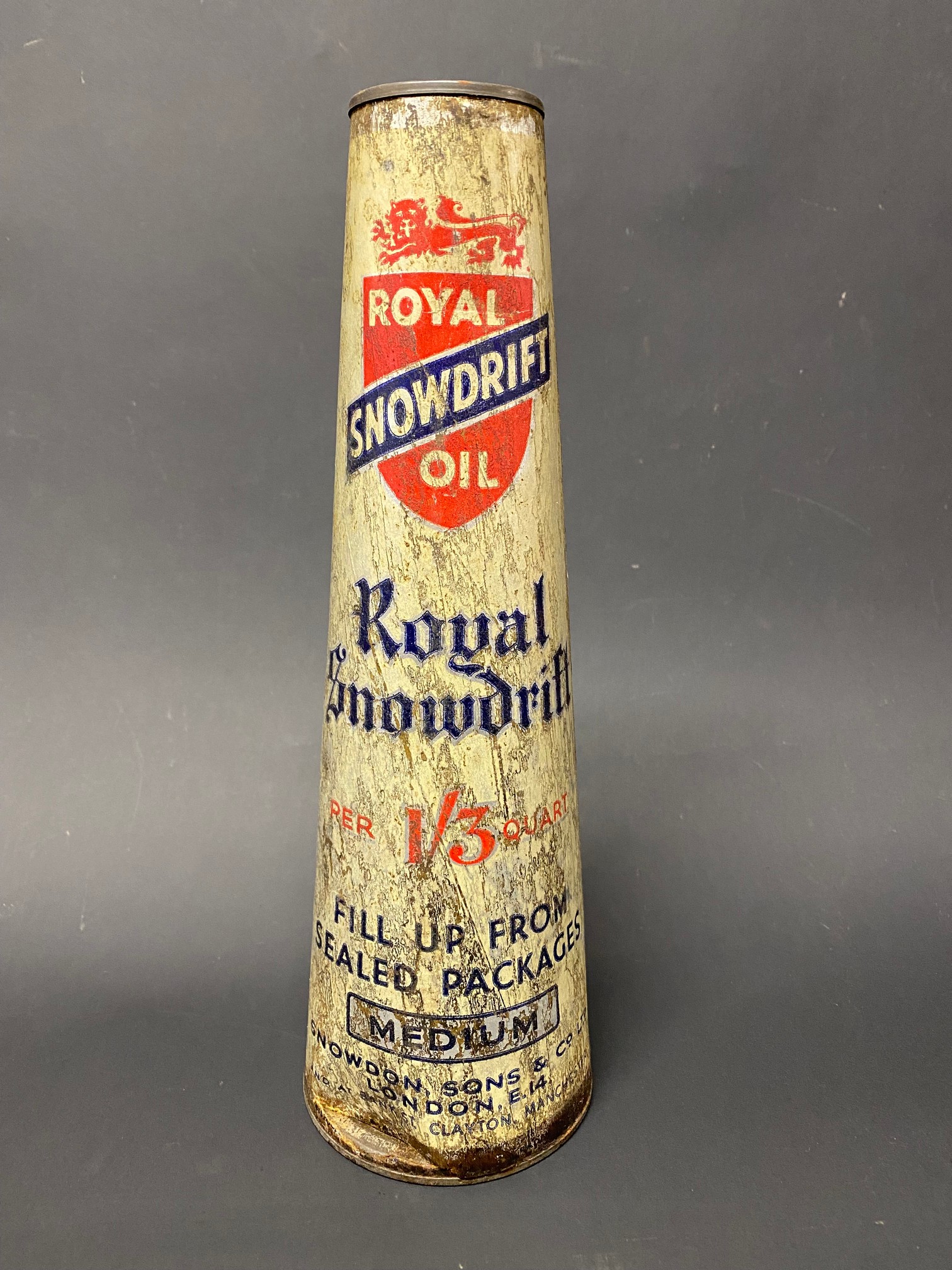 A Royal Snowdrift oil conical foil/cardboard oil can.