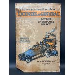A Licences & General pictorial tin advertising sign with an image of a procession of vehicles, 19