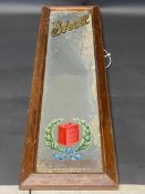 A Shell narrow advertising mirror with can in laurel wreath image, 8 x 26".