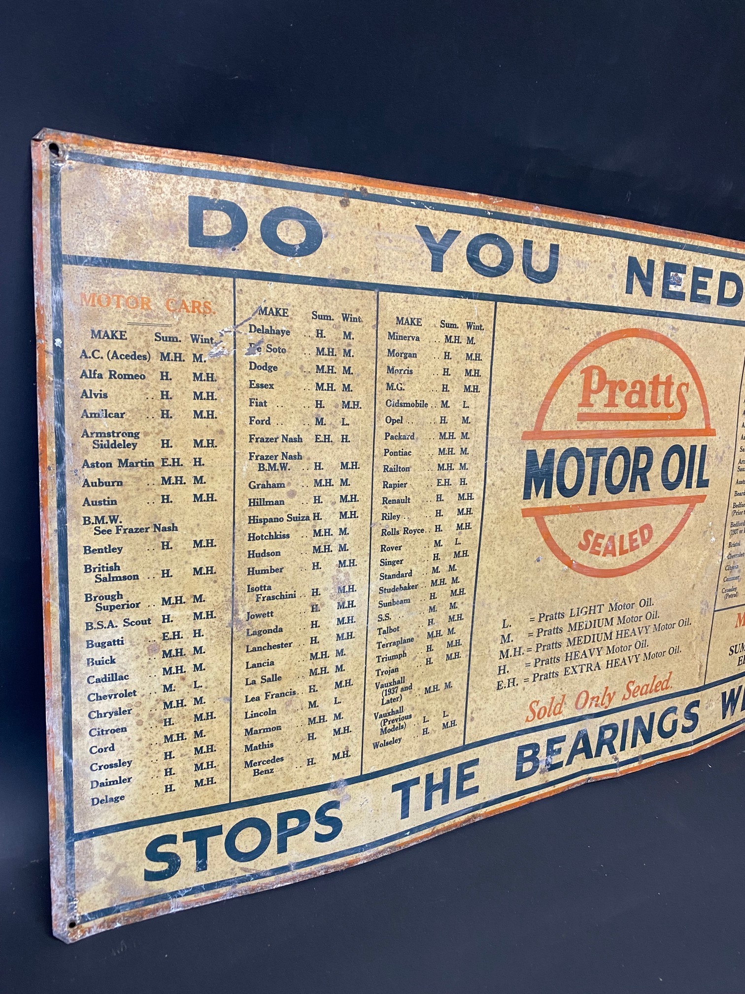 An early Pratts Motor Oil rectangular tin chart sign detailing the various grades suited which - Image 2 of 4