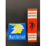 A Dagenite Batteries plastic finger plate plus a National plastic petrol pump brand plate.