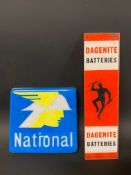 A Dagenite Batteries plastic finger plate plus a National plastic petrol pump brand plate.