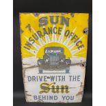 A Sun Insurance Office enamel sign, with an image of a motor car to the centre, 20 x 30".