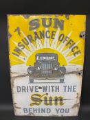 A Sun Insurance Office enamel sign, with an image of a motor car to the centre, 20 x 30