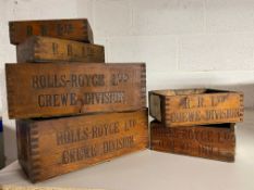 A selection of Rolls-Royce of Crewe store room wooden boxes, with some contents.