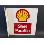A Shell Paraffin double sided tin advertising sign with hanging flange, 16 x 16".