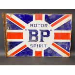 A BP Motor Spirit Union Jack double sided enamel sign with hanging flange, 24 x 16".