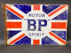 A BP Motor Spirit Union Jack double sided enamel sign with hanging flange, 24 x 16".