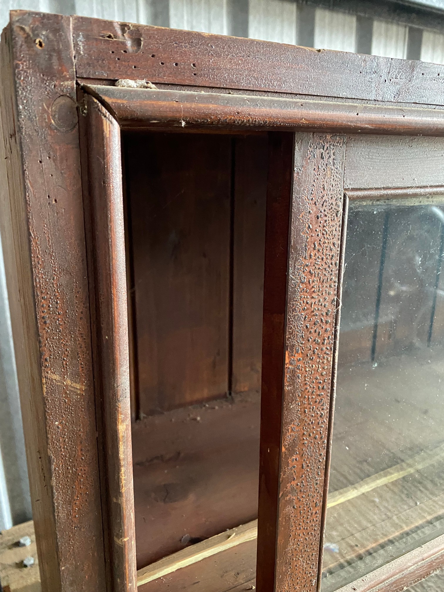 A large stained pine display cabinet with five sliding glass doors, 89 1/4" w x 54 1/2" h x 14 1/ - Image 3 of 5