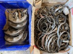 Two boxes of jubilee clips, brake shoes etc.