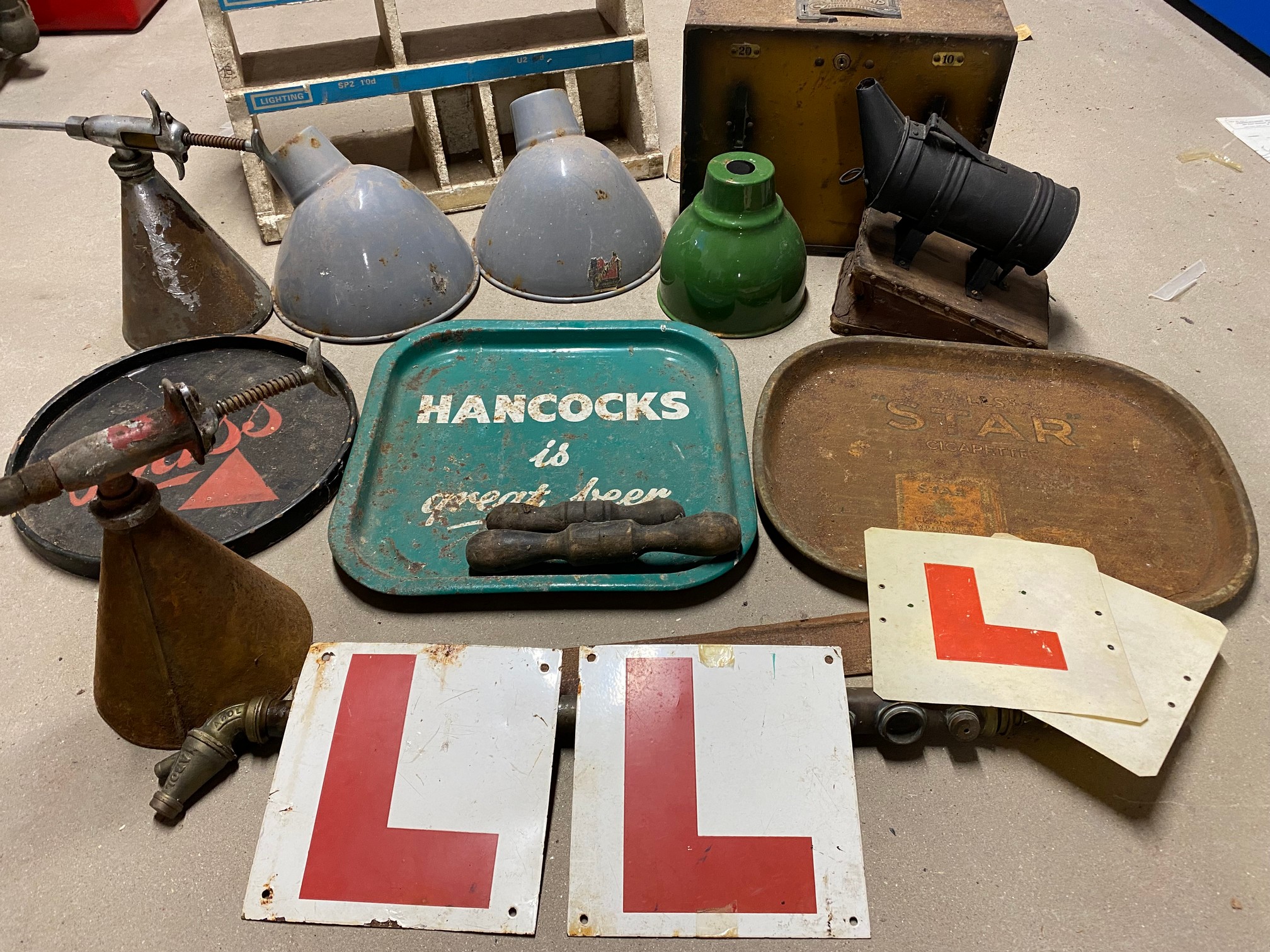 A quantity of mixed collectables including enamel shades, a bee keeping smoker, Redex dispensers - Image 2 of 3