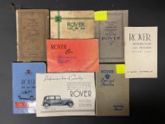 A selection of Rover literature including a small sales brochure for 1936 featuring models including