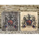 A pair of metal signs each with a coat of arms to the centre, each 29 3/4 x 32 1/2".