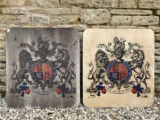 A pair of metal signs each with a coat of arms to the centre, each 29 3/4 x 32 1/2".