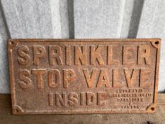 A Sprinker Stop Valve Inside cast iron sign, 24 x 12".