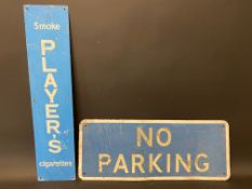 A No Parking sign, 24 3/4 x 9 3/4", plus a narrow Player's Cigarettes tin sign, 6 x 26 1/2".