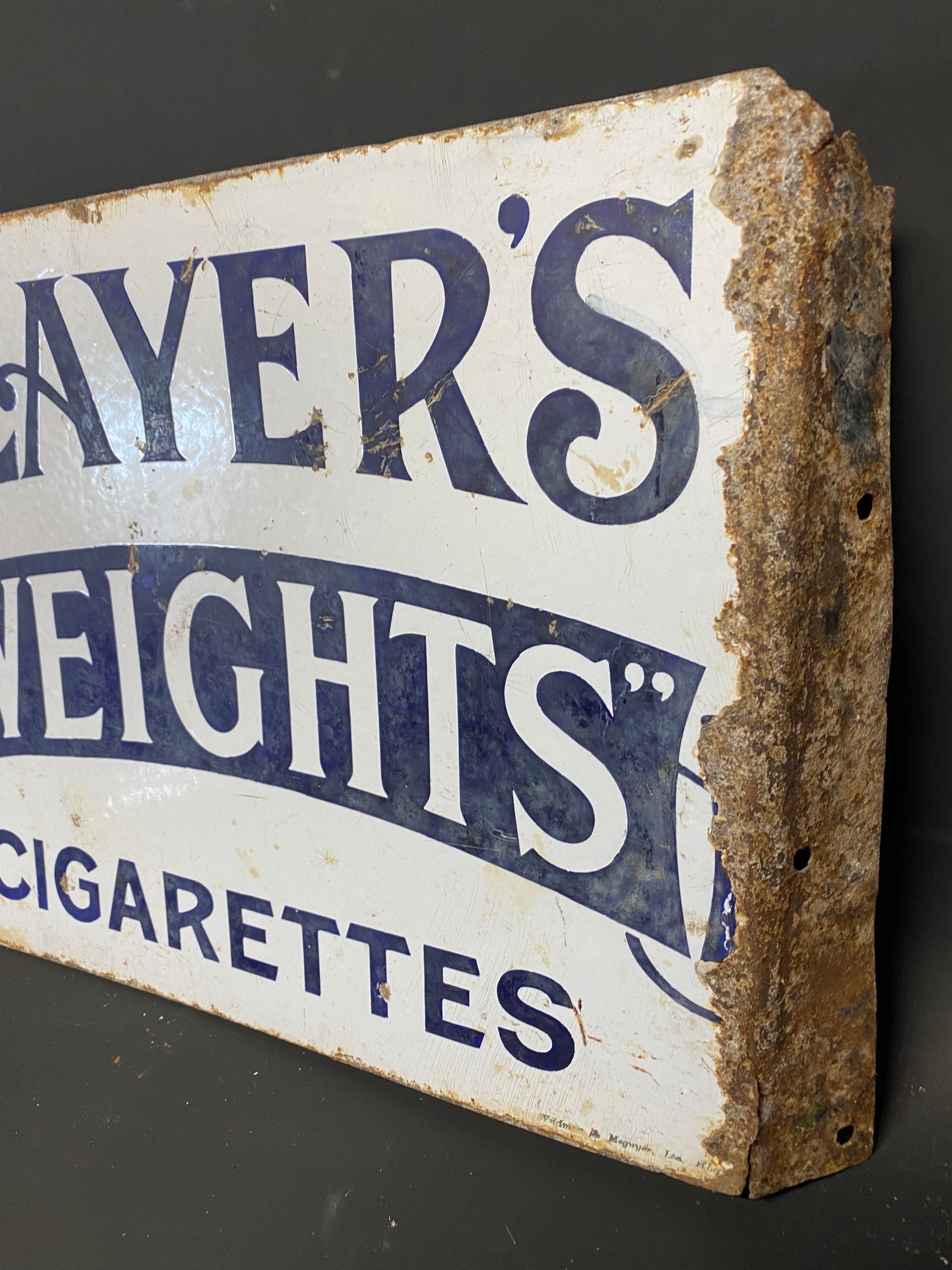 An early Player's Weights Cigarettes double sided enamel sign with hanging flange, by Wildman & - Image 6 of 6