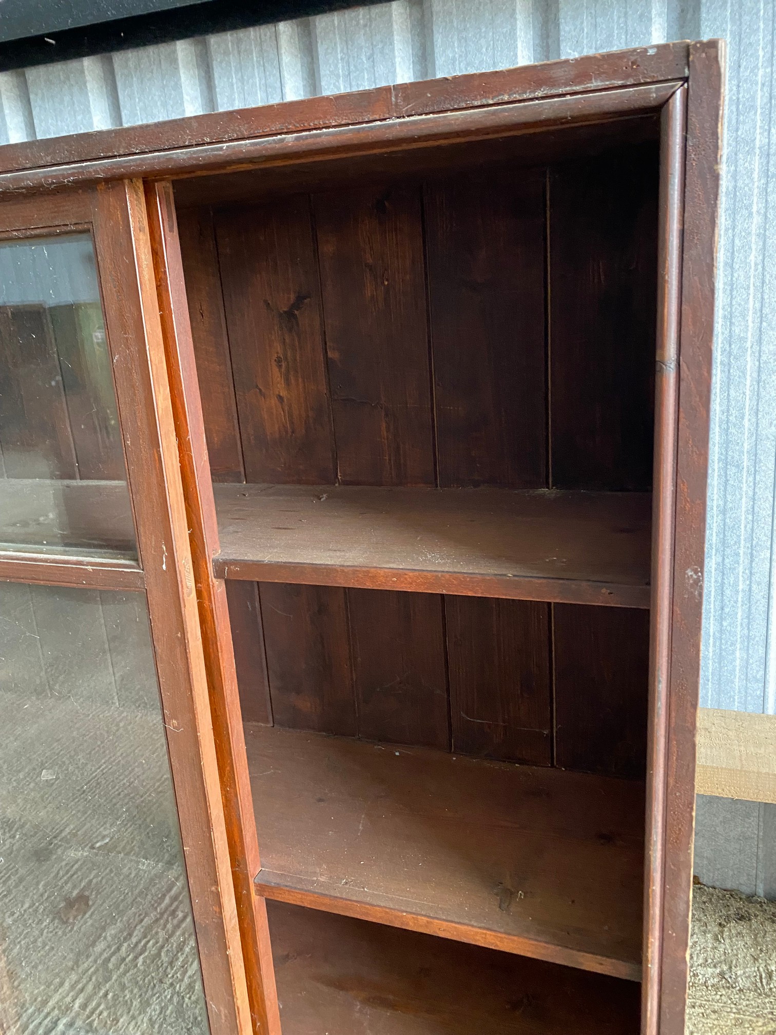 A large stained pine display cabinet with five sliding glass doors, 89 1/4" w x 54 1/2" h x 14 1/ - Image 4 of 5