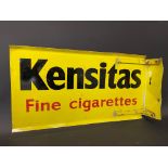 A Kensitas Fine Cigarettes double sided tin advertising sign with hanging flange, 17 1/2 x 9".