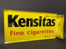 A Kensitas Fine Cigarettes double sided tin advertising sign with hanging flange, 17 1/2 x 9".